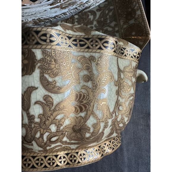 Vintage Chinese set Pair Hand Painted Candle Holders Candlestick gold bowl Asian - Picture 3 of 16